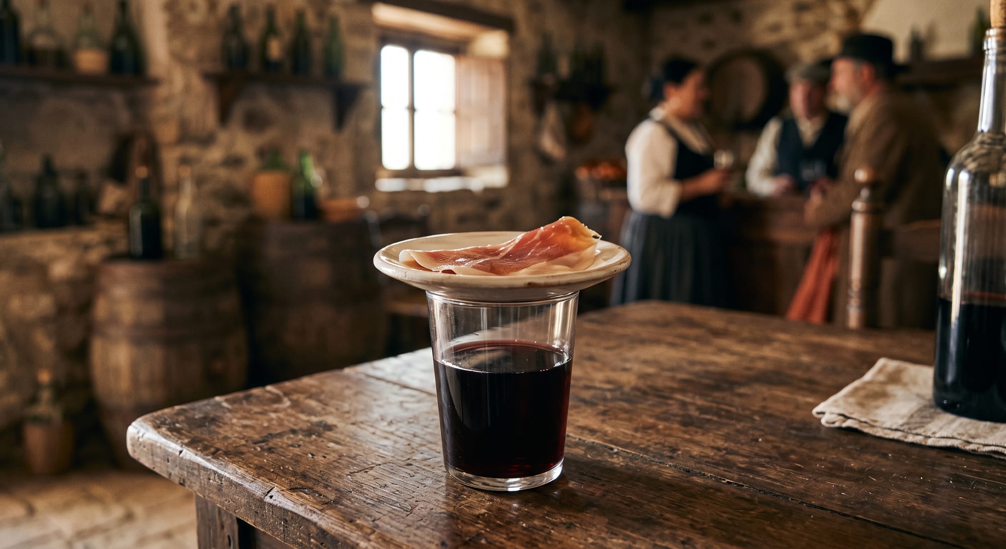 Recreación de un vaso de vino clásico cubierto por un plato pequeño con una loncha de jamón ibérico, ilustrando el concepto de 'tapar' la bebida.