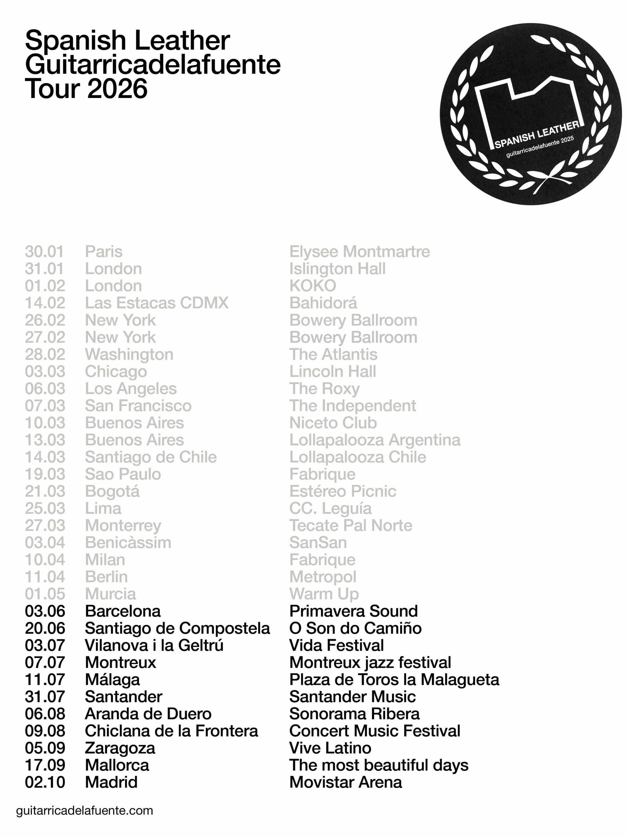 Lista detallada de ciudades y fechas internacionales que forman parte de la gira mundial Spanish Leather Tour.