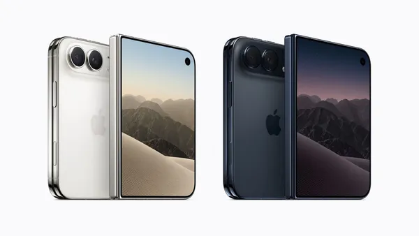 Dos teléfonos móviles con pantalla plegable de Apple mostrados en sus colores de lanzamiento.